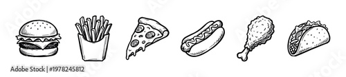 Hand drawn fast food items collection in doodle style featuring popular snacks like burgers, fries, pizza, hot dogs, chicken, and tacos.