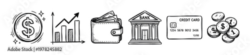 Money and finance icons collection depicting various economic elements like a dollar coin, growing graph, wallet, bank, credit card, and scattered coins, symbolizing wealth and financial growth.