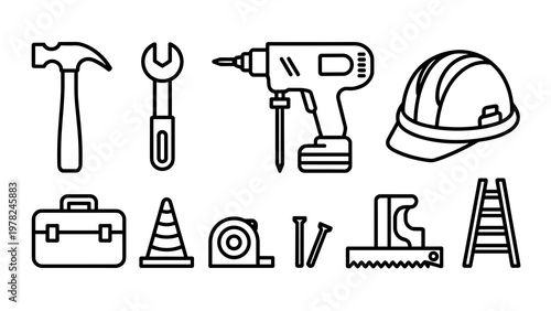Construction Tools and Equipment Thin Line Icon Set Builder, Crane, Helmet and Industry Symbols
