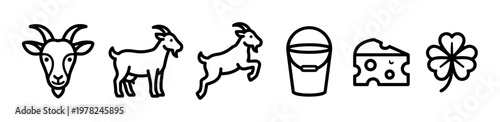 Goat farm animals and dairy products line icons collection featuring various goat poses, a bucket, cheese, and a clover leaf in a simple, modern style.