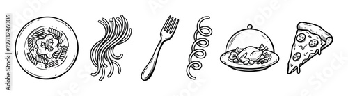 Delicious Italian food and various culinary elements are presented in a charming hand-drawn black and white sketch style, perfect for restaurant menus or recipe illustrations.