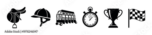 Six black horse racing icons are neatly arranged in a horizontal row, featuring a saddle, helmet, starting gate, stopwatch, trophy, and checkered flag, presented in a clean, graphic silhouette style