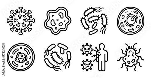 Microorganisms and cells outline icons illustrating diverse biological entities, including viruses, bacteria, and eukaryotic cells, representing health and disease concepts.