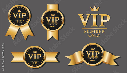 VIP invitation. A set of VIP emblems in an elegant black and gold style. Vector illustration.