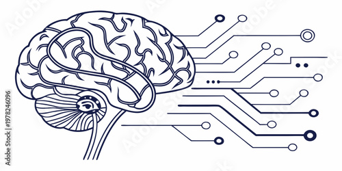 Ai brain connected to digital network circuitry illustration with intelligence technology circuitry artificial connection computer processing cybernetic abstract thinking