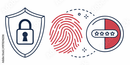 Digital security concept featuring shield lock icon and fingerprint identity verification with password entry security fingerprint password authentication biometric encryption