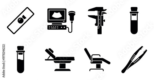 Black glyph icons of medical and laboratory equipment featuring an ultrasound scanner, examination bed, test tube, caliper, and tweezers in a simple silhouette vector design