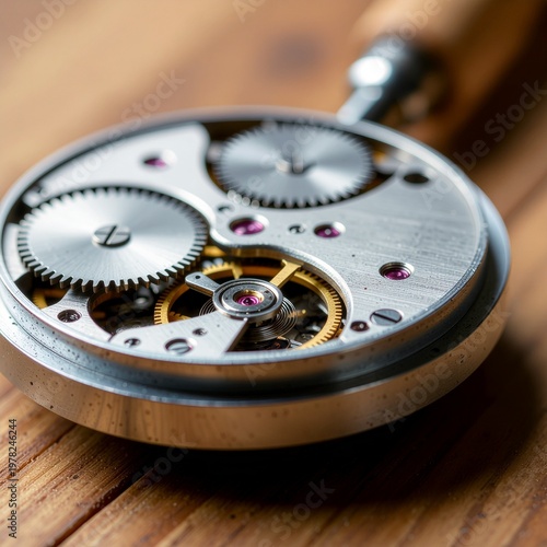 Professional Watchmaker Tools and Precision Gears on Wooden Workbench