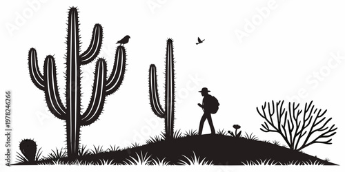 Black and white silhouette landscape of a hiker walking through a desert filled with tall cacti silhouette landscape adventure mountains backpacker exploration wilderness