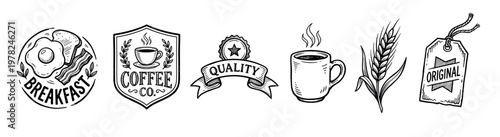 Hand drawn vintage food and drink illustrations featuring breakfast, coffee, quality badges, and wheat, perfect for menus, labels, and rustic designs.
