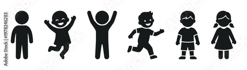 Six black silhouette children icons representing various poses of happy kids playing, running, and standing, symbolizing childhood and activity.