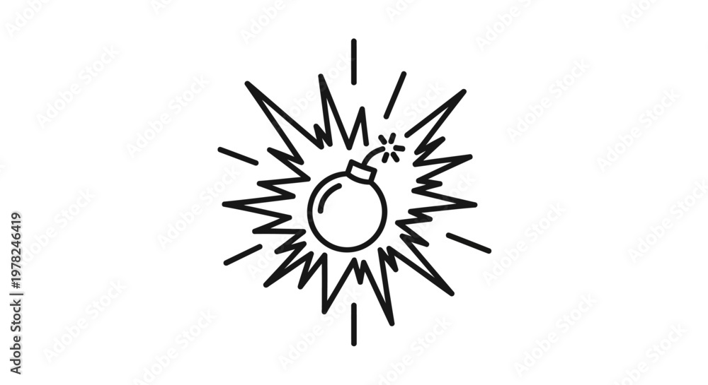 Fototapeta premium Hand-drawn black and white illustration of a bomb explosion with fuse and sparks.