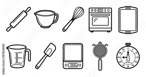 Baking tools and kitchen equipment icons set for cooking and preparing delicious meals, featuring various essential utensils and appliances.