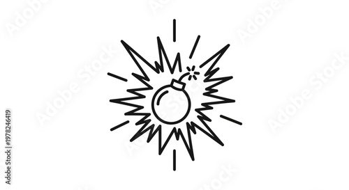 Hand-drawn black and white illustration of a bomb explosion with fuse and sparks.