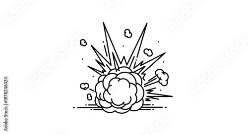 Black and white comic style explosion with smoke and sparks.