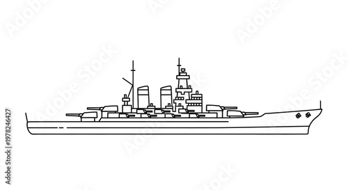 Detailed black and white line drawing of a battleship with multiple turrets and antennas.