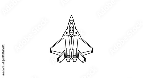 Top view outline of a modern fighter jet aircraft in black and white.