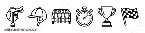 Collection of six black outline horse racing icons including a saddle, jockey helmet, starting gate, stopwatch, trophy, and checkered flag, presented in a clean, minimalist vector style