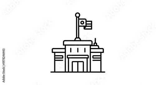 Simple line art illustration of a government building with a flag on top.