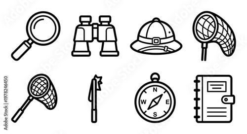 Exploration adventure tools and nature discovery equipment are depicted as a collection of simple outline icons, perfect for educational or travel-related designs.