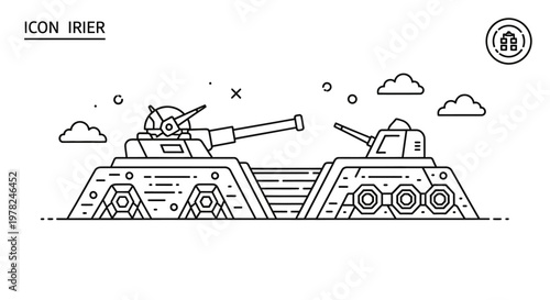 Line art illustration of a military tank firing a shell in a trench battlefield scene.