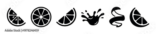 Citrus fruit slices juice splash peel icons collection featuring fresh lemon and lime elements for refreshing drink and food designs.