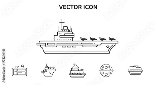 Set of military naval ship vector icons including aircraft carrier and warships.