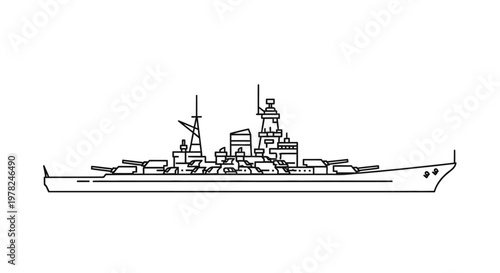 Detailed line drawing of a battleship with multiple turrets and antennas.