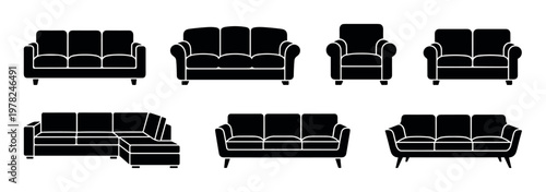 Collection of black sofa and armchair icons showing various furniture designs, including couches, loveseats, and sectionals in a simple silhouette graphic style