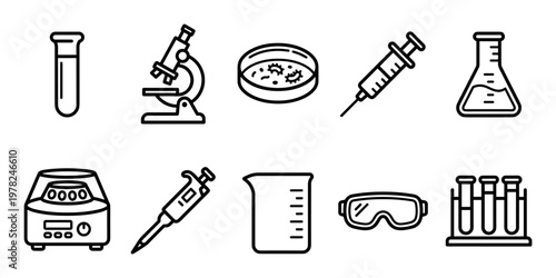 Laboratory equipment icons set for scientific research and medical experiments, featuring various essential tools for biology and chemistry studies.
