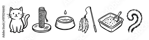 Hand-drawn cat care accessories and pet collection showing a kitten, scratching post, water bowl, feather toy, litter box, and fluffy tail in a simple black and white doodle style
