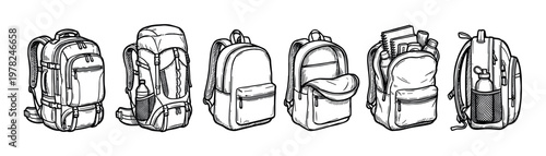 Various backpacks hand drawn illustration set featuring different styles and designs, perfect for school, travel, hiking, and outdoor adventures.