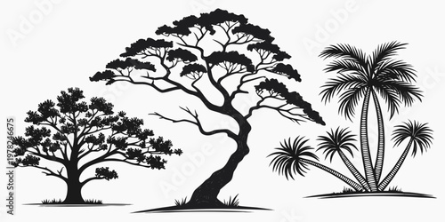 Hand drawn style forest tree silhouettes set with silhouette landscape botanical woodland illustration isolated collection environment branches background tropical deciduous