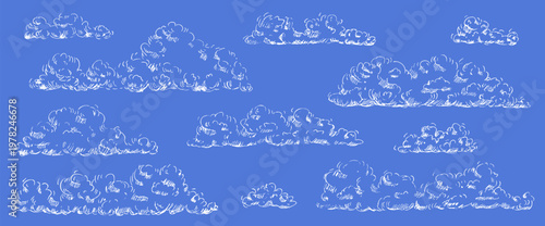 White pen sketch doodle clouds. Windy sky set. Vintage pencil lines, retro hatching. Vector illustration for nature-themed graphics. Cloudy sky set isolated on blue summer background.
