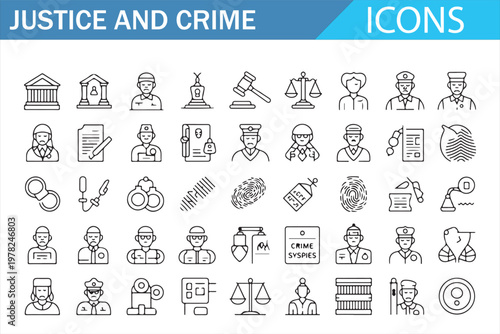 Law Court and Police Icon Set Justice Crime Outline Vector Symbols