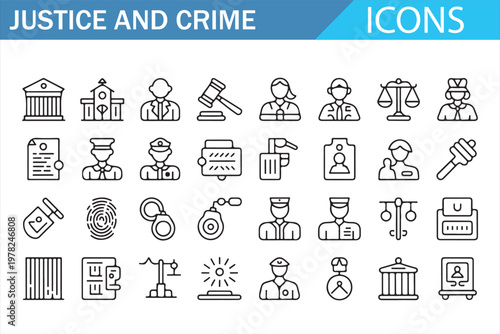 Crime and Justice Thin Line Icons Set Police Law Court System Vector