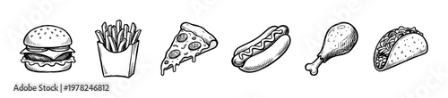 Hand drawn fast food items collection featuring popular snacks like hamburgers, french fries, pizza, hot dogs, chicken drumsticks, and tacos in a monochrome sketch style.