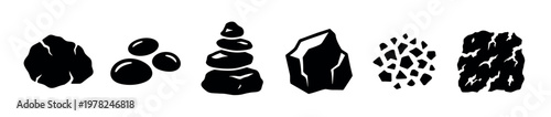Different types of rocks and stones are depicted as black silhouettes, showcasing various shapes from smooth pebbles to jagged minerals and stacked cairns.