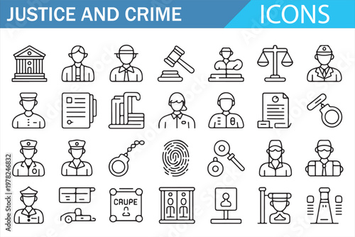 Law Enforcement and Judiciary Line Icons Police Crime Court Thin Outline Set