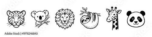 Collection of six hand-drawn animal portraits featuring a leopard, koala, lion, sloth, giraffe, and panda in a cute, black and white doodle style for children's design