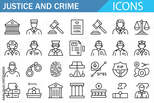 Justice and Crime Line Icons Set Law Police Court Legal System Outline Vector Collection with Gavel Scales Handcuffs Fingerprint Prison Judge Thin Line Symbols