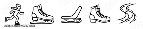 Ice skating icons set outline style depicting various types of skates, a skater, and ice tracks, representing winter sports and recreation.