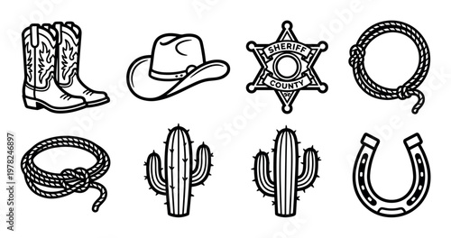 Cowboy western icons set features traditional symbols of the American frontier, including boots, hat, sheriff badge, lasso, cactus, and horseshoe.