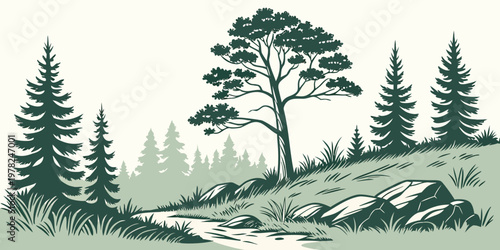 Green nature landscape illustration with coniferous pine forest and river stream landscape wilderness woodland illustration coniferous background peaceful environment botanical