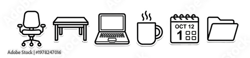 Black and white office work icon set featuring a chair, desk, laptop, steaming mug, calendar, and folder, illustrated in a clean and minimalist graphic sticker style