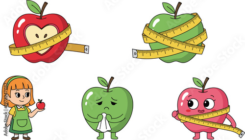 Apple illustration set with measuring tape and cute characters showing healthy lifestyle concept isolated on white background, diet vector design