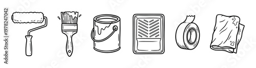 Hand-drawn set of painting tools icons including a roller, brush, can, tray, tape, and rag for home improvement and renovation projects, illustrated in a simple doodle line art style