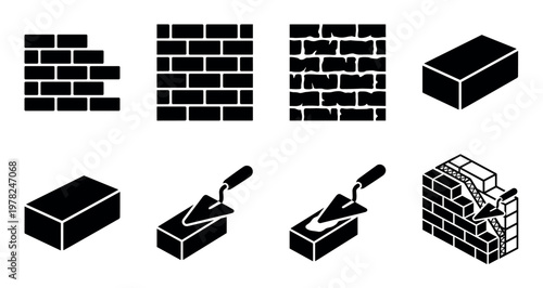 Bricks, walls, and masonry construction tools are depicted in a set of black silhouette icons, illustrating building and repair processes.