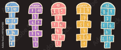 Hopscotch kids game chalk drawn outline set isolated on white background. Children playground outdoor entertainment. Kindergarten vector colorful crayon handwritten elements illustration.