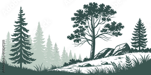 Green woodland landscape with pine trees and rocky terrain illustration landscape woodland wilderness illustration coniferous background peaceful environment botanical